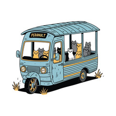 Cartoon Illustration of a Blue Tuk-Tuk Transporting Several Cats.