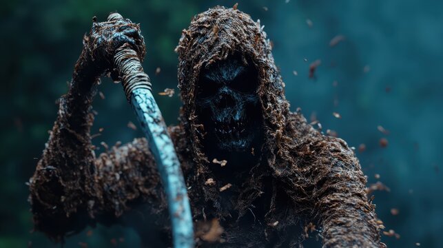 A haunting figure draped in a cloak appears, resembling death itself, with a sinister skull face as it wields a scythe amidst swirling darkness and debris floating around.