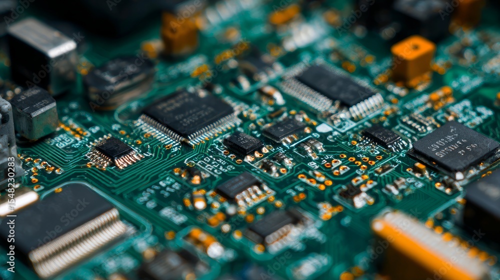 Poster close-up shot of a computer motherboard, showcasing intricate circuitry in detail