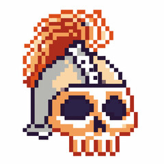 Obraz premium Pixel art skull with roman helmet and red crest vintage retro gaming style, ancient warrior icon, medieval fantasy theme