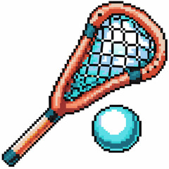 Fototapeta premium Pixel art lacrosse stick and ball retro 8 bit sports gear illustration, vintage athletic equipment, recreational team game icon