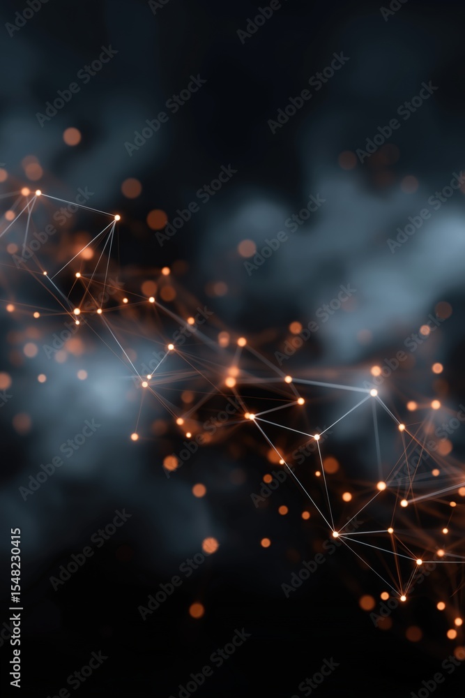 Poster abstract network with glowing orange nodes and connecting lines on dark background