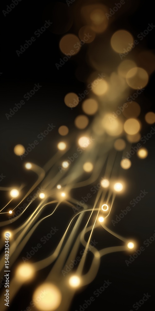 Poster glowing abstract light trails and bokeh with golden spheres on dark background
