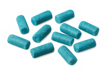 Blue rod shaped chewing gums falling on transparent background