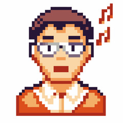 Obraz premium Retro pixel art singing man with glasses and music notes vintage male character, digital 8 bit avatar illustration