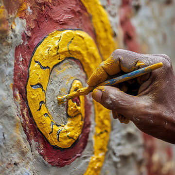 Close-up  image of a devotee&rsquo;s hand painting the symbolic serpent shape (Nag Chitra) on a mud or wall surface using rice paste, turmeric, and sindoor highly symbolic of rural rituals nag panch