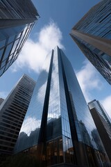 Modern glass skyscrapers reflecting blue sky and clouds in urban cityscape
