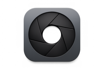 Camera shutter aperture icon showing open lens blades on transparent background