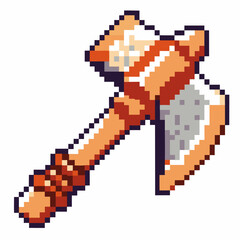 Fototapeta premium Pixel art battle axe with wooden handle and steel blade retro medieval weapon game icon isolated on white background