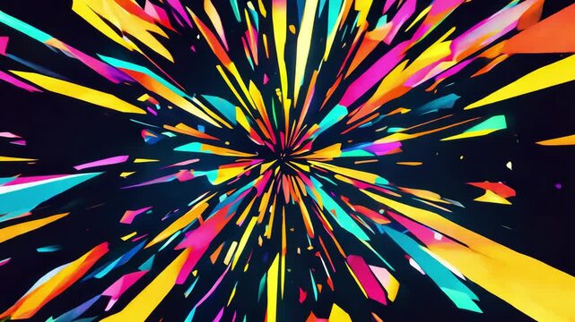 Colorful geometric fragments exploding in motion with dynamic energy and vibrant symmetry