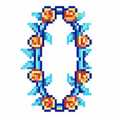 Fototapeta premium Pixel art floral oval frame with orange roses and blue leaves retro digital border for decoration and creative design projects