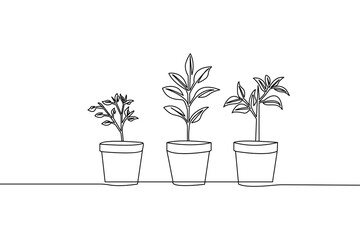 Continuous line drawing of three potted plants representing growth and development concepts against a clean white background