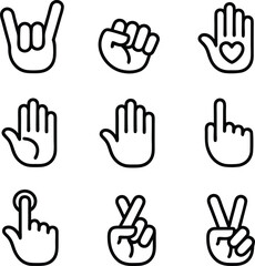Fototapeta premium Set of hand gesture icons featuring various signs in bold black outline style