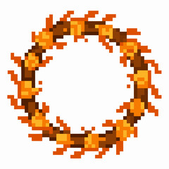 Obraz premium Pixel fire ring flaming circular frame in retro 8 bit style, burning orange flames, digital art, game asset illustration