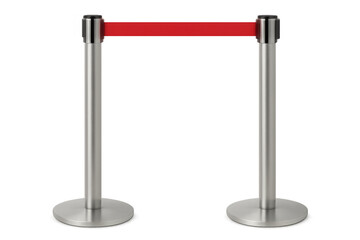 Red retractable belt barrier separating two silver stanchions on transparent background