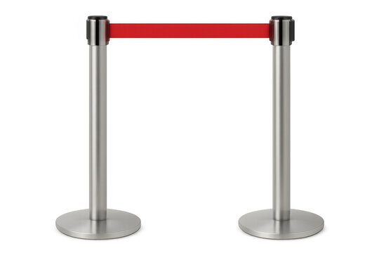 Red retractable belt barrier separating two silver stanchions on transparent background