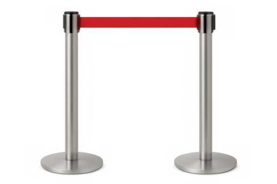Red retractable belt barrier separating two silver stanchions on transparent background