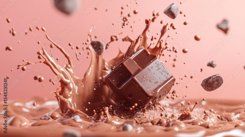 Poster chocolate splash explosion with cubes and milk on pink background in dynamic dessert visual composit