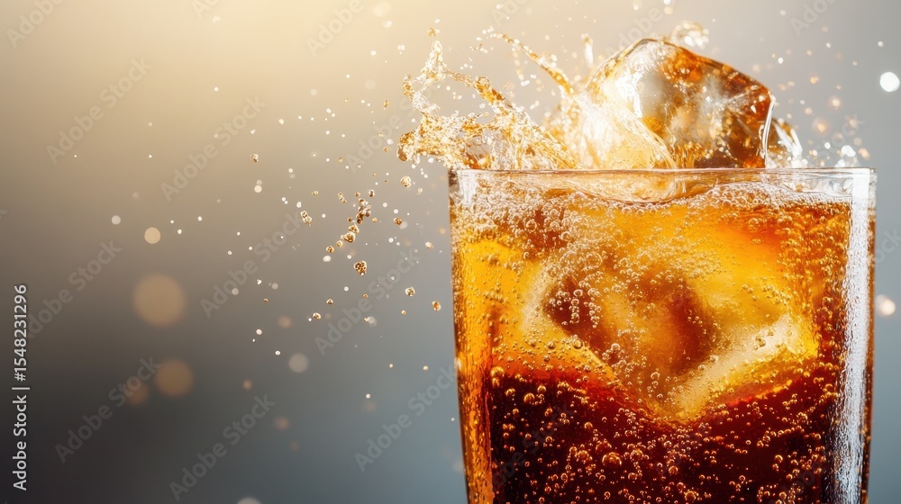 Poster a dynamic image capturing the refreshing splash of a fizzy drink filled with ice cubes in a glass, r