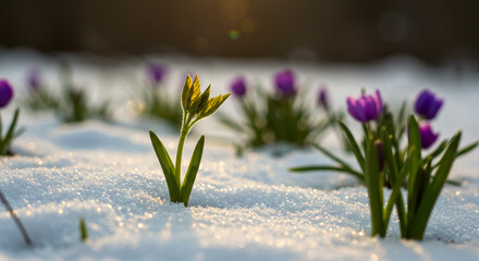 A close up of purple crocus flowers and green sprouts emerging from the snow in early spring sunshine