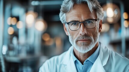 This portrait features a serious elderly man in a lab coat and glasses, conveying wisdom and expertise, symbolizing dedication to the medical field and scientific research.