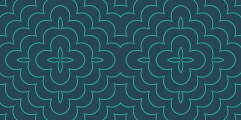 A seamless pattern features intricate geometric shapes with a floral motif, colored in a combination of dark teal and turquoise. The design repeats symmetrically, creating a harmonious and continuous 