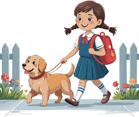 Young schoolgirl walking golden retriever dog along the sidewalk on sunny day
