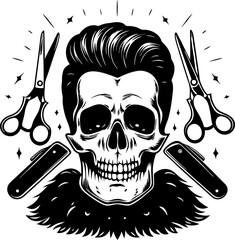Vintage skull with stylish pompadour hairstyle, barber scissors, and straight razors masculine barbershop tattoo art