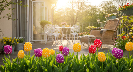 Bright tulips in the foreground of a sunny balcony with white furniture and a wicker chair view outdoors