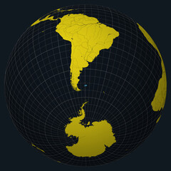 Falkland Islands on Globe. Country view on the world map in Charcoal Bright Yellow color palette. Falkland Islands shape on map. Globe with meridians, parallels, countries, rivers and lakes.