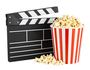 Movie clapper board and popcorn on transparent background..