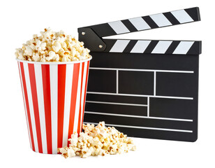 Movie clapper board and popcorn on transparent background..