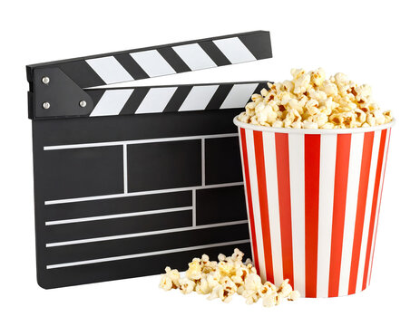 Movie clapper board and popcorn on transparent background..