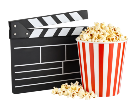 Movie clapper board and popcorn on transparent background..