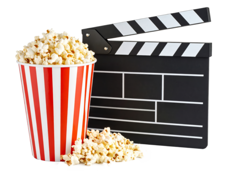 Movie clapper board and popcorn on transparent background.. - Powered by Adobe