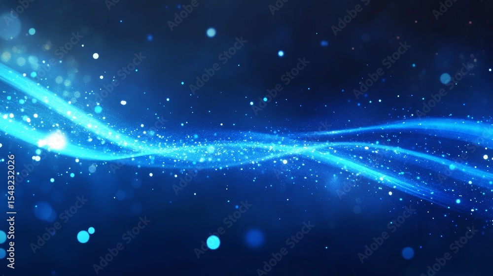 Poster abstract blue particle wave on dark background with sparkling effects