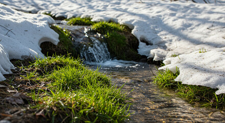 A small stream flowing through snow and grass on a sunny day creating a peaceful winter landscape view