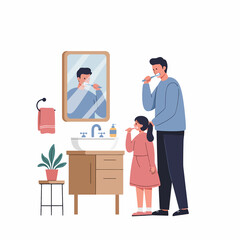 Adobe illustrator artwork vector flat illustration: A father and daughter brushing their teeth together in a bathroom with a sink, mirror, and potted plants, promoting dental hygiene