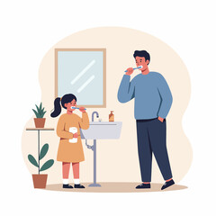 Adobe illustrator artwork vector flat illustration: A father and daughter brushing their teeth together in a bathroom with a sink, mirror, and potted plants, promoting dental hygiene