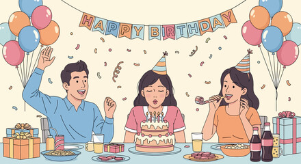 Adobe illustrator artwork vector illustration: A lively friendship birthday celebration with young adults wearing party hats, one holding a cake with candles, amidst balloons, banners, and confetti