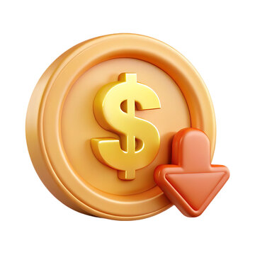 3d gold dollar coin with red downward arrow isolated on transparent background