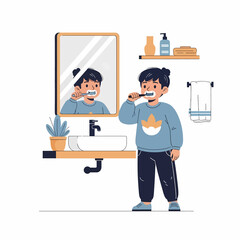Adobe illustrator artwork vector illustration: A charming illustration of a young boy with a toothbrush, brushing his teeth in a bathroom with a rectangular mirror and a green plant on the counter