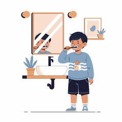 Adobe illustrator artwork vector illustration: A charming illustration of a young boy with a toothbrush, brushing his teeth in a bathroom with a rectangular mirror and a green plant on the counter