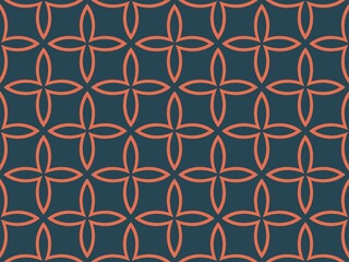 Fototapeta premium A geometric pattern features interlocking shapes that resemble flowers with four petals, presented in a contrasting color scheme of coral and dark blue.