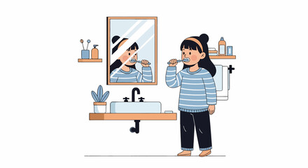 Adobe illustrator artwork vector flat illustration: A charming illustration of a young girl with a bun, brushing her teeth in a bathroom with a round mirror and a green plant on the counter