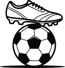 A simple black and white drawing of a soccer ball with a cleat sitting on top of it with a white background
