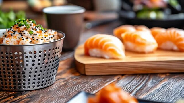 Gourmet dish served in steel strainer