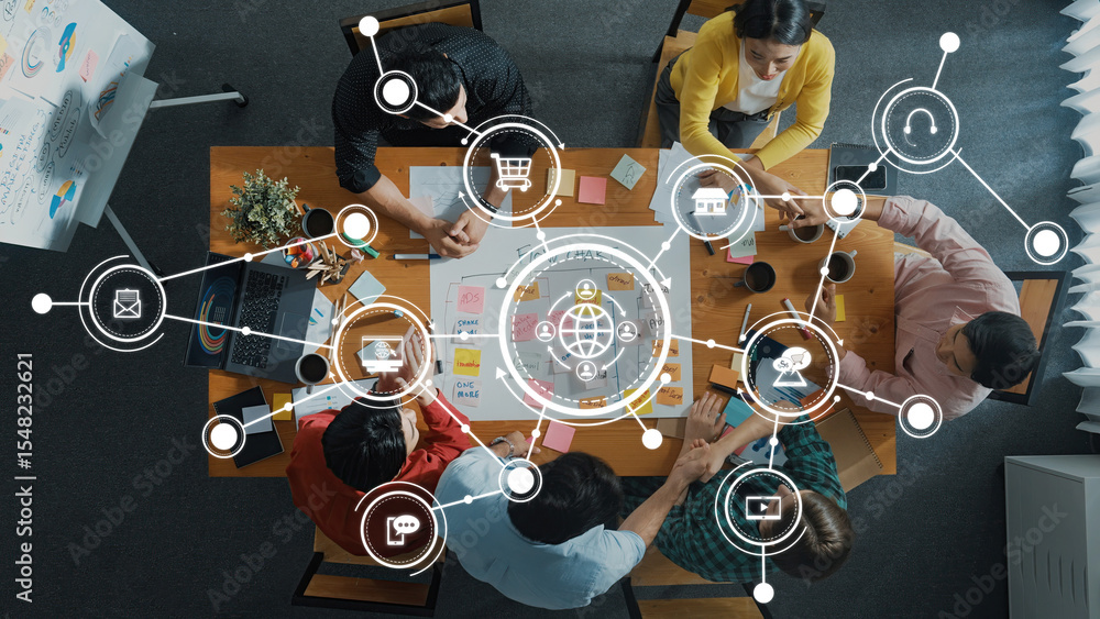 Aufkleber collaborative workspace with modern technology featuring diverse team discussing digital strategy an