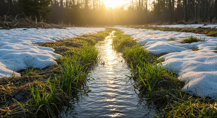 A stream flowing through a field of grass and melting snow under the bright sunlight in the distance