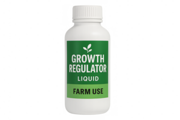 White plastic bottle of liquid growth regulator for farm use on transparent background
